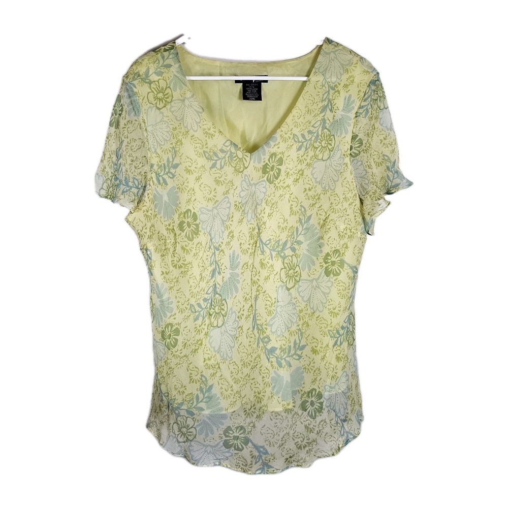 Vtg Crossing‎ Pointe Womens Blouse Top XL Floral Silk Short Sleeve V Neck